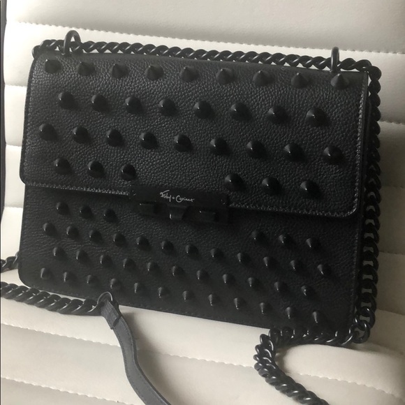 Foley + Corinna Handbags - Black Studded Faux Leather Bag with Black Chain